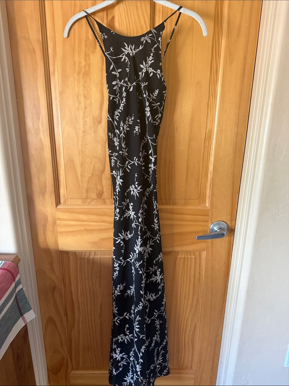 Alyn Paige Black Maxi Slip Dress with White Floral Vine Print